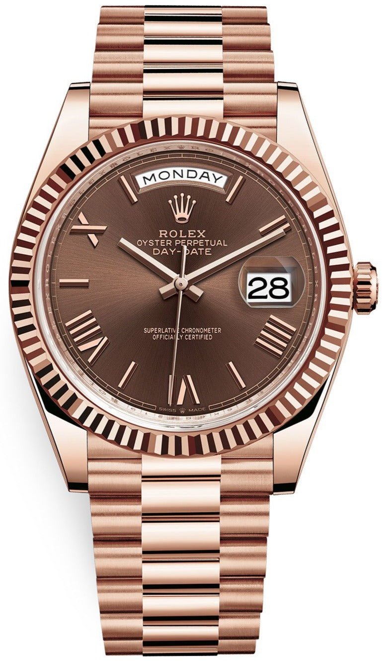Rolex Day-Date crafted in Everose gold with a distinct chocolate sunray dial