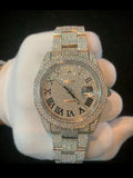 custom-configured Rolex Datejust featuring a full pavé diamond dial with Roman numerals and an aftermarket "iced out" setting covering the case and oyster bracelet