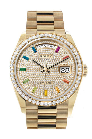 Rolex Day-Date 36mm in yellow gold, featuring a diamond-paved dial with rainbow sapphire markers