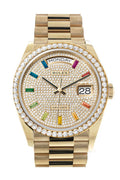 Rolex Day-Date 36mm in yellow gold, featuring a diamond-paved dial with rainbow sapphire markers
