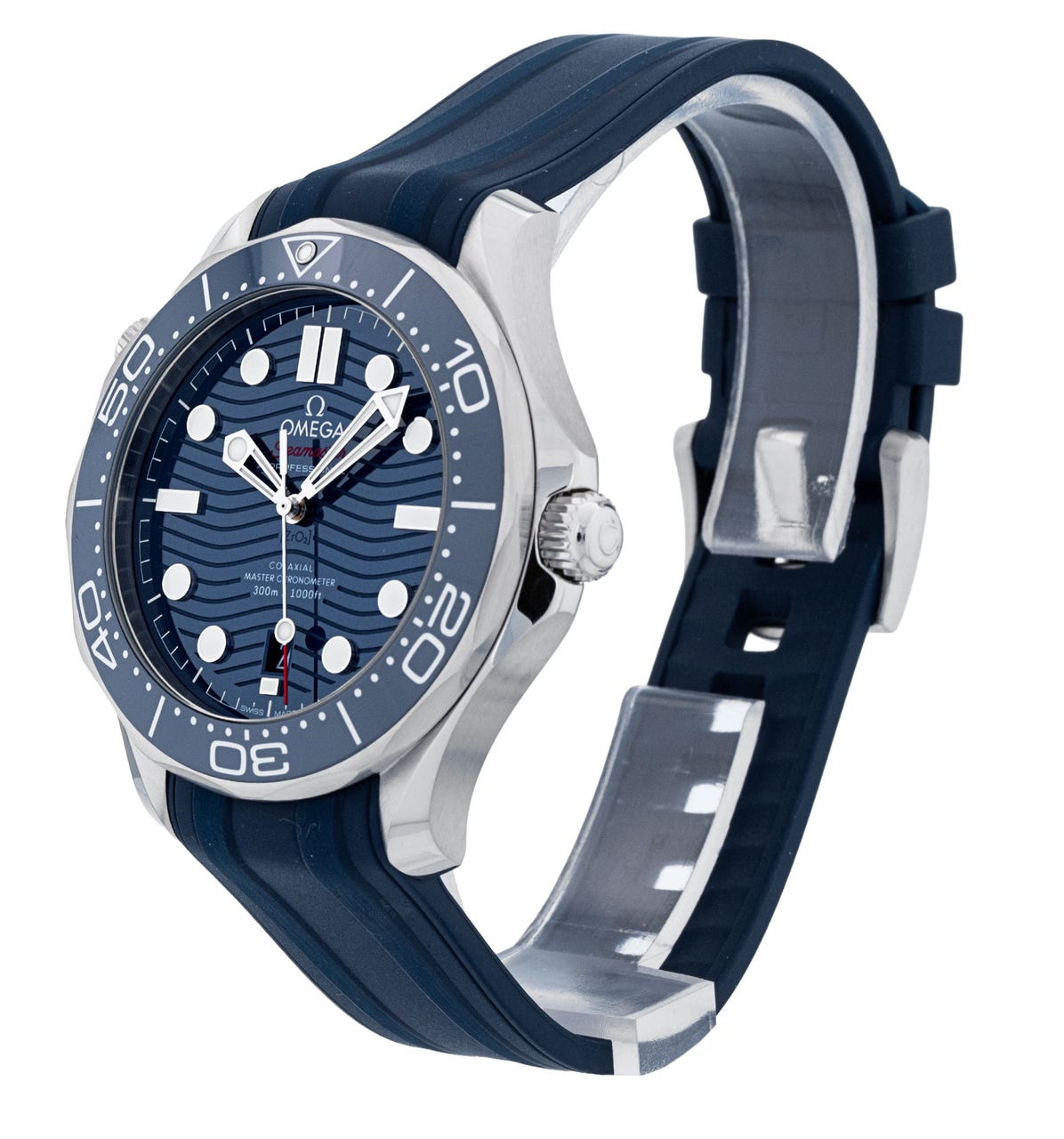Omega Seamaster Diver 300M, blue ceramic dial with wavy patterns and blue rubber strap