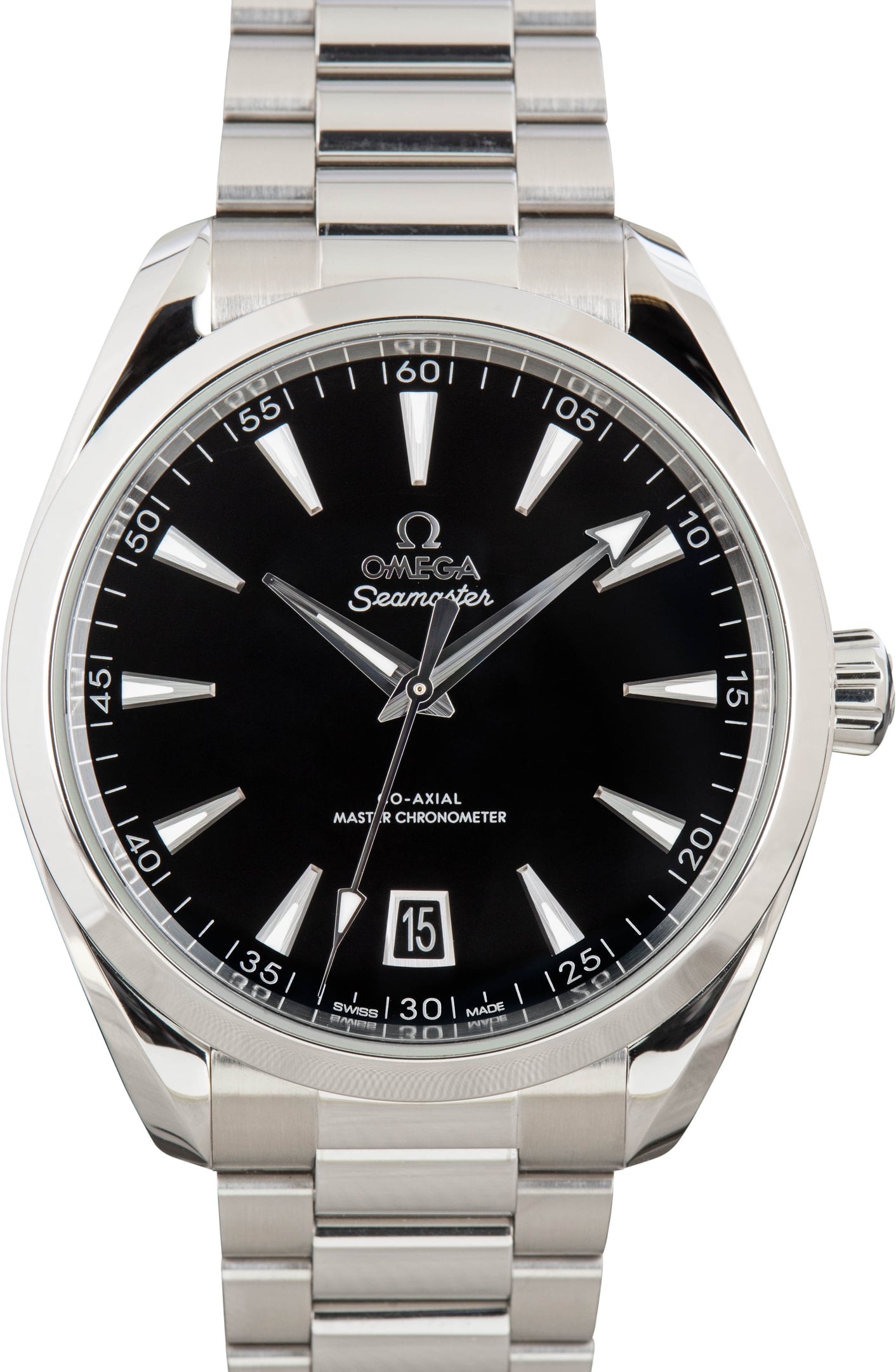Omega Seamaster Aqua Terra 150M features a stainless steel case and a glossy black lacquered dial.