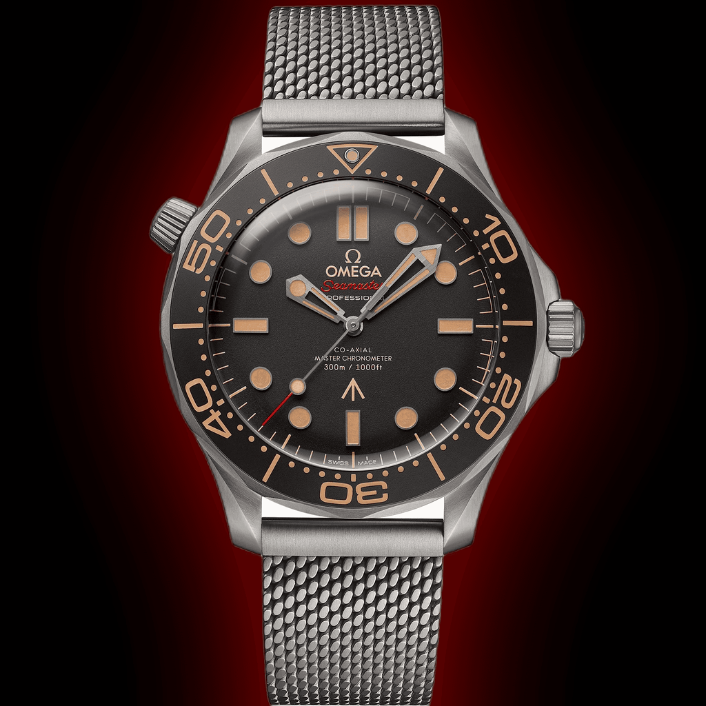 Omega Seamaster Diver 300M 007 Edition crafted from lightweight Grade 2 Titanium with a mesh bracelet.