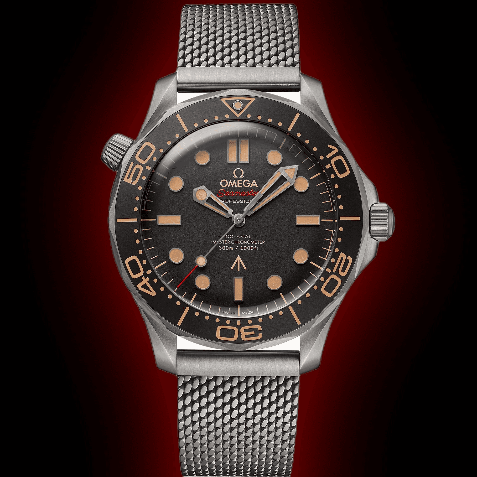 Omega Seamaster Diver 300M 007 Edition crafted from lightweight Grade 2 Titanium with a mesh bracelet.