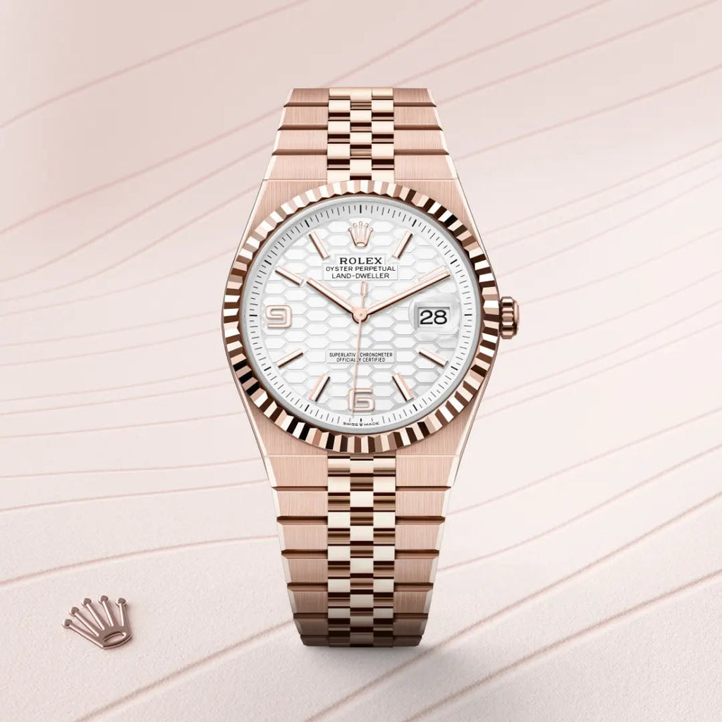 Rolex Land-Dweller watch features an Eve-rose gold case and a unique white honeycomb-motif dial.