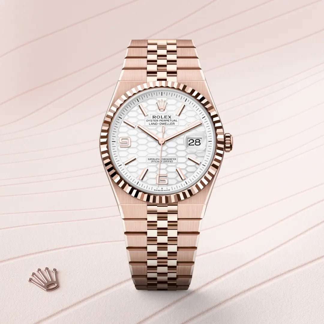 Rolex Land-Dweller watch features an Eve-rose gold case and a unique white honeycomb-motif dial.