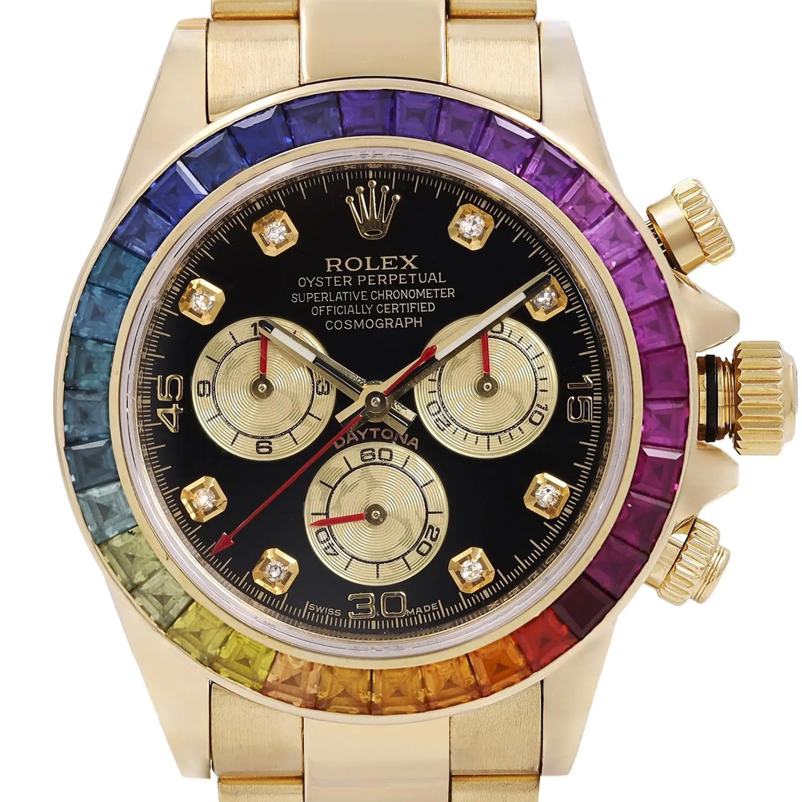 Rolex Daytona "Rainbow" 116598RBOW features a distinctive bezel set with multicolored sapphires