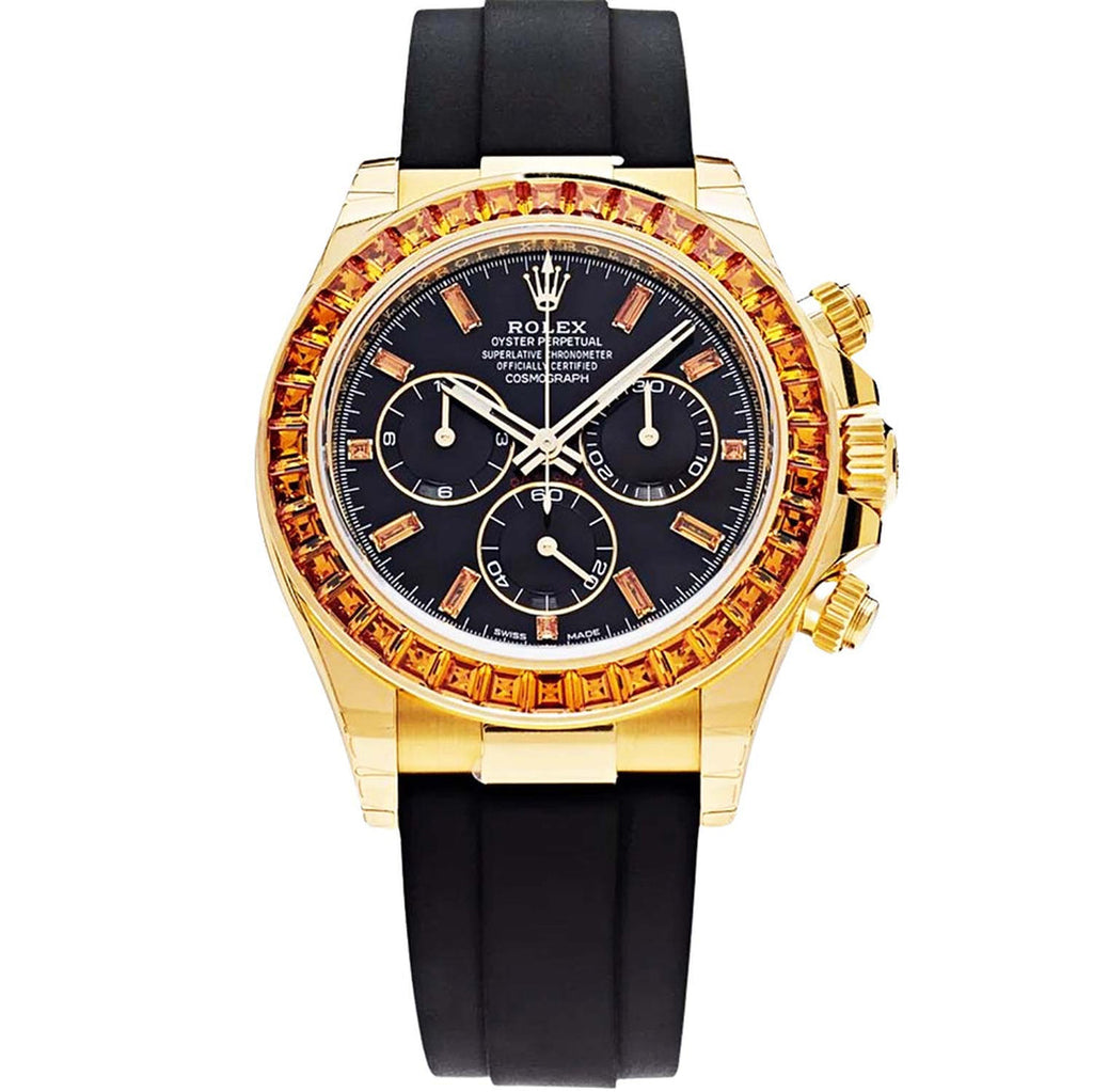 Rolex Cosmograph Daytona features yellow gold case and a bezel set with baguette-cut orange sapphires