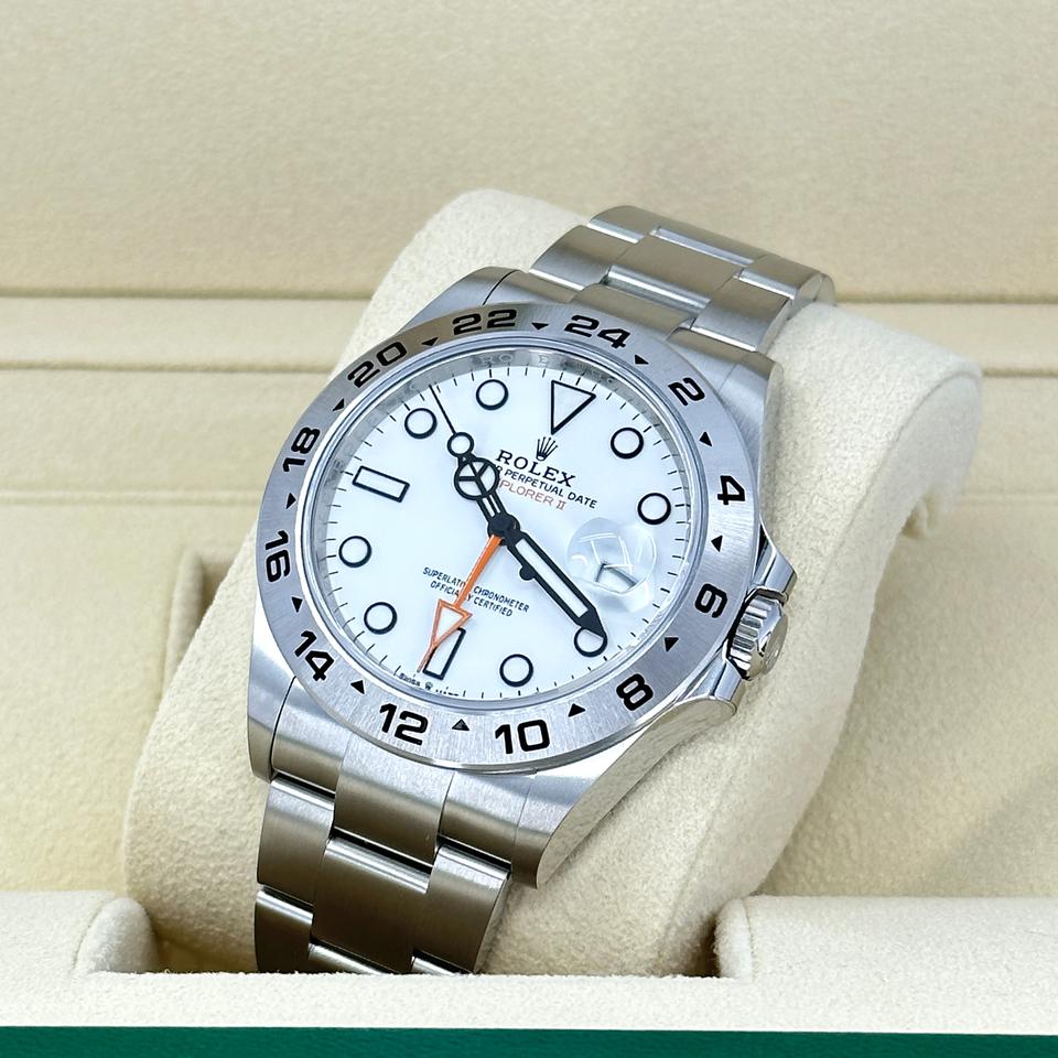 Rolex Explorer II in Oystersteel with a white dial and orange GMT hand
