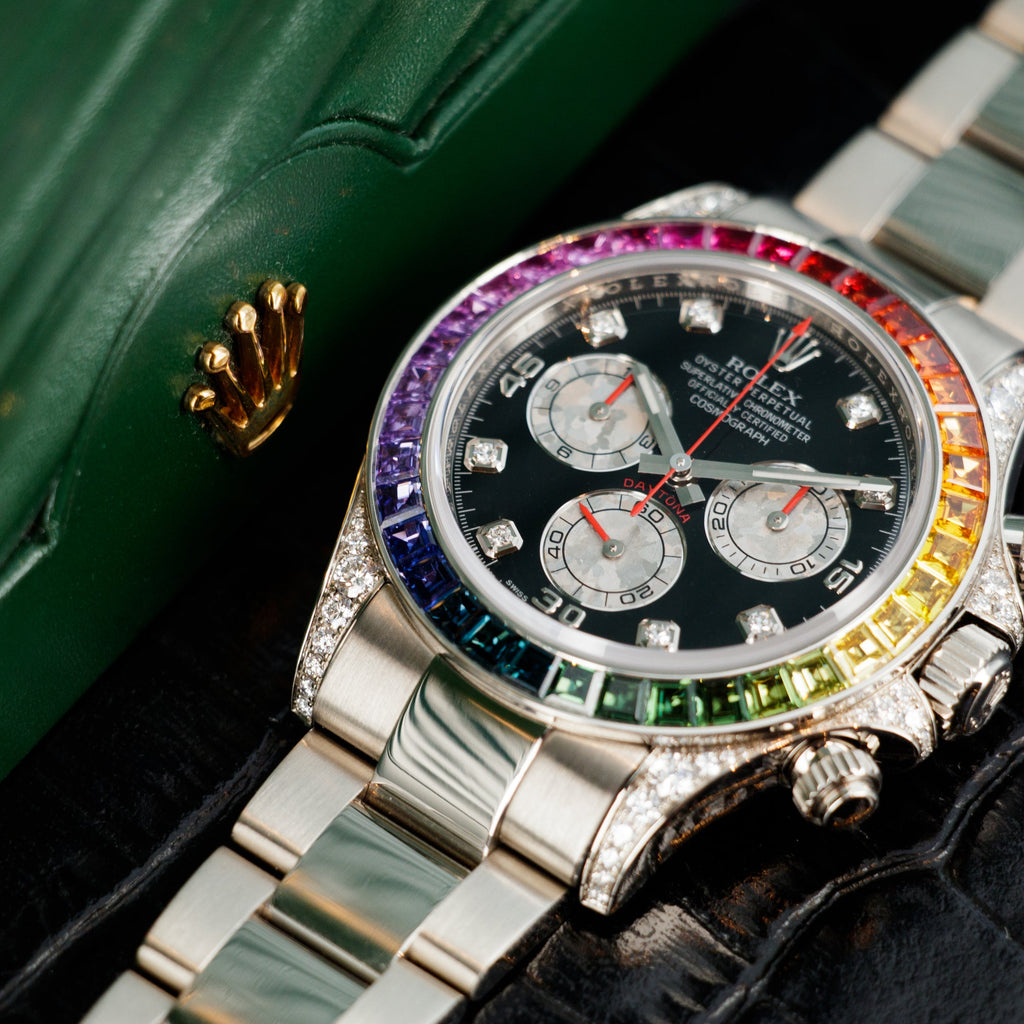 Rolex Cosmograph Daytona features a custom rainbow sapphire bezel and diamond-set lugs