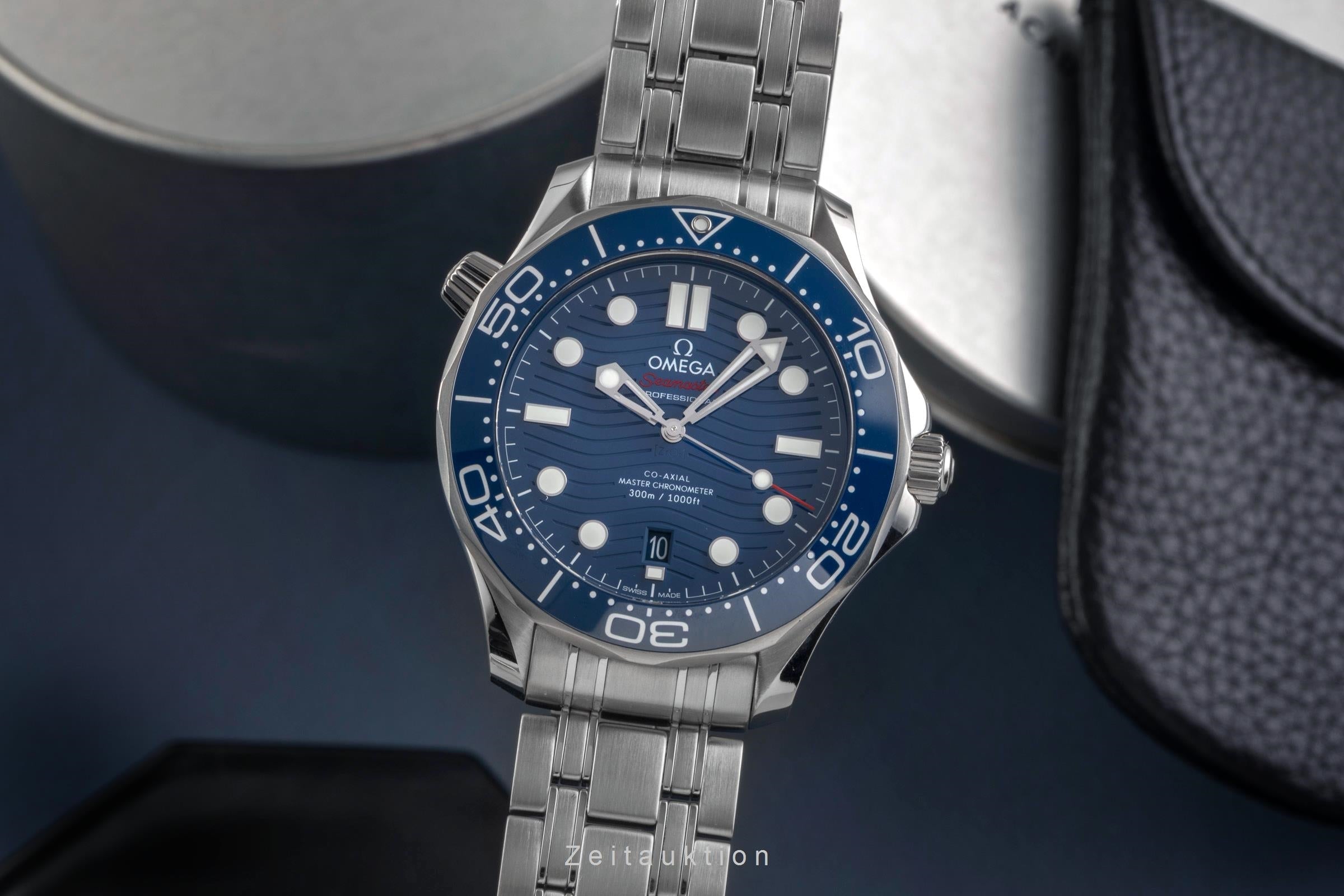 Omega Seamaster Diver 300M watch featuring a distinctive blue ceramic dial with wave patterns