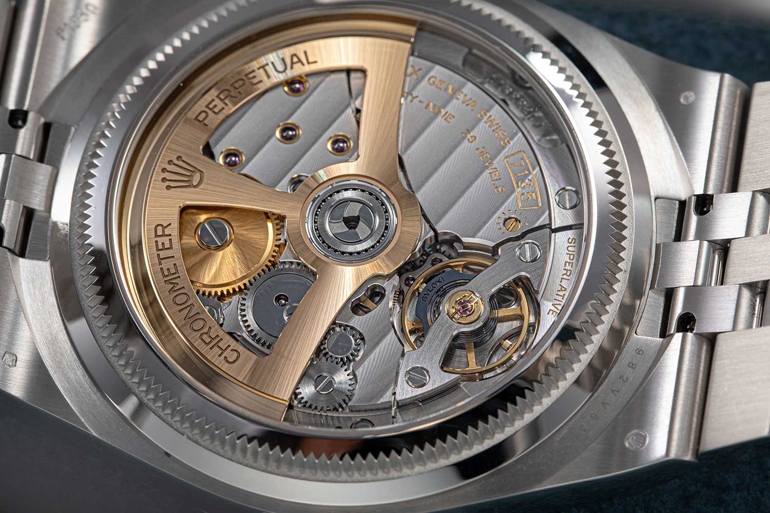 Rolex Land-Dweller features a distinctive white honeycomb motif dial and is paired with a stainless steel Jubilee bracelet