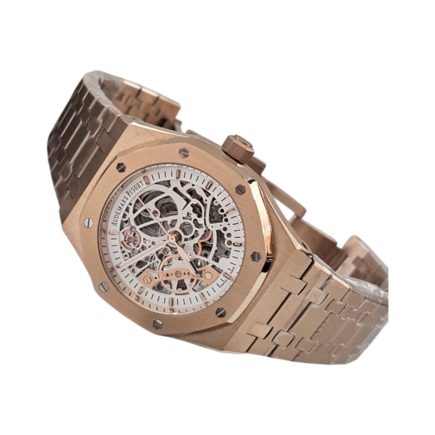 Audemars Piguet Royal Oak Openworked watch features a distinctive gold stainless steel octagonal bezel with visible screws and an intricate skeletonized dial.