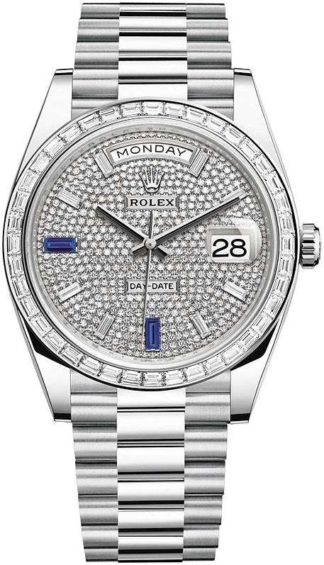 Rolex Day-Date 40 wristwatch, specifically reference 228396TBR, features a platinum case and a diamond-paved dial