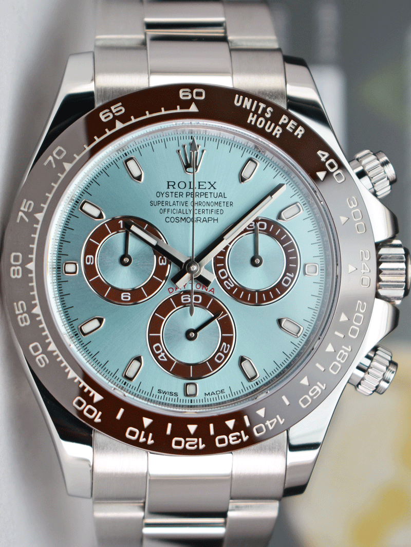 Rolex Cosmograph Daytona platinum a distinct ice blue dial with a chestnut brown bezel. unique exhibition caseback that showcases the every movement