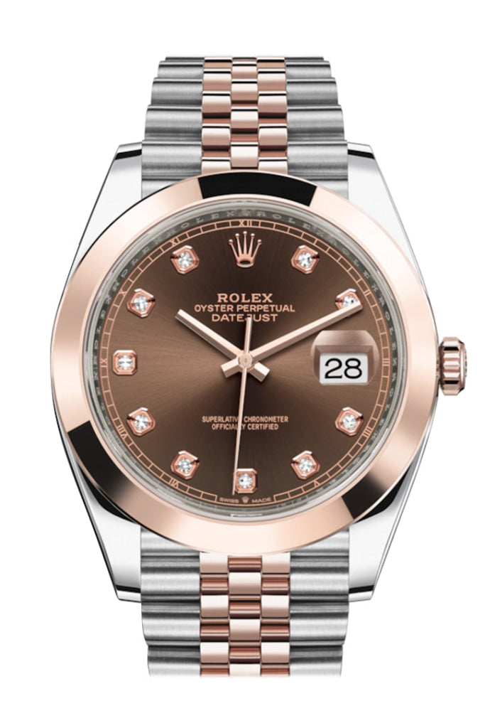 Rolex Datejust in Oystersteel and Everose gold, featuring a chocolate dial with diamond hour markers.