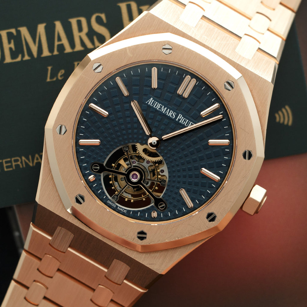 Audemars Piguet Royal Oak Tourbillon Extra-Thin featuring a rose gold case and a blue "Tapisserie" dial