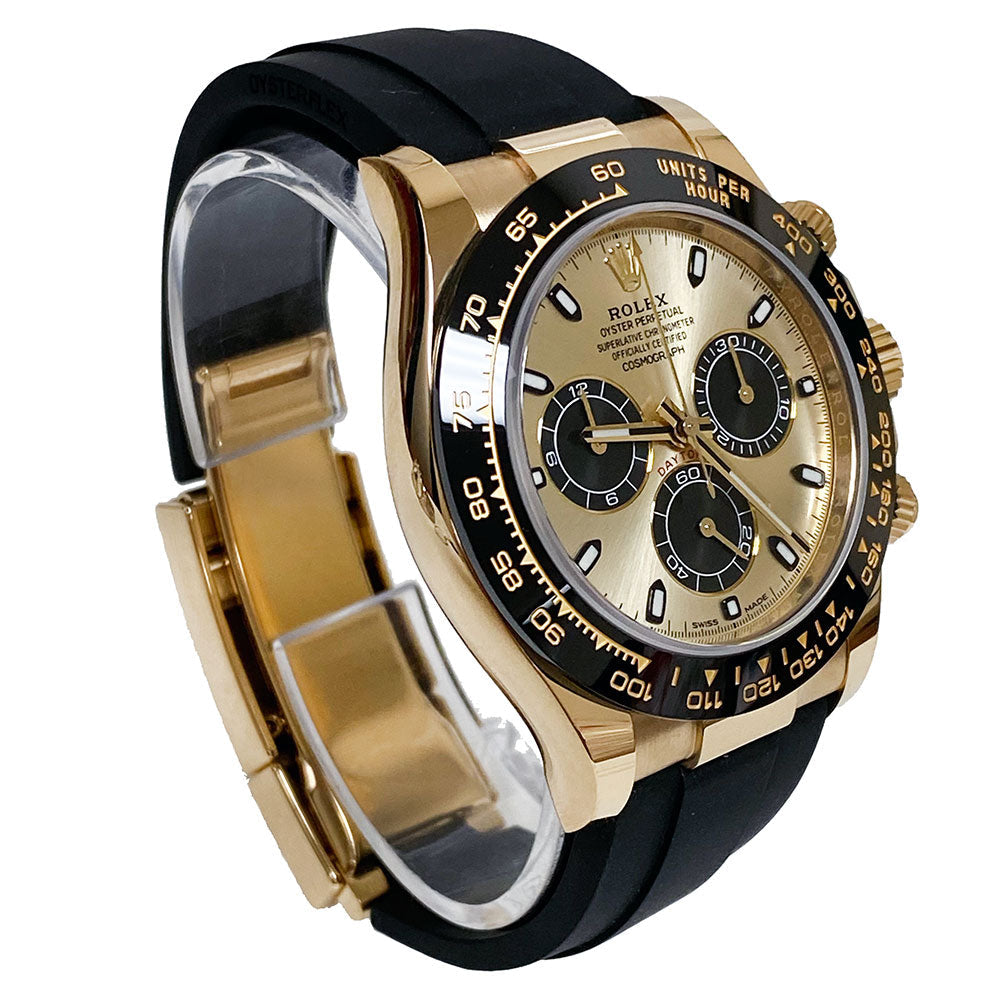 Rolex Cosmograph Daytona 116518LN, featuring an yellow gold case paired with a distinctive black Cerachrom bezel and an Oysterflex strap