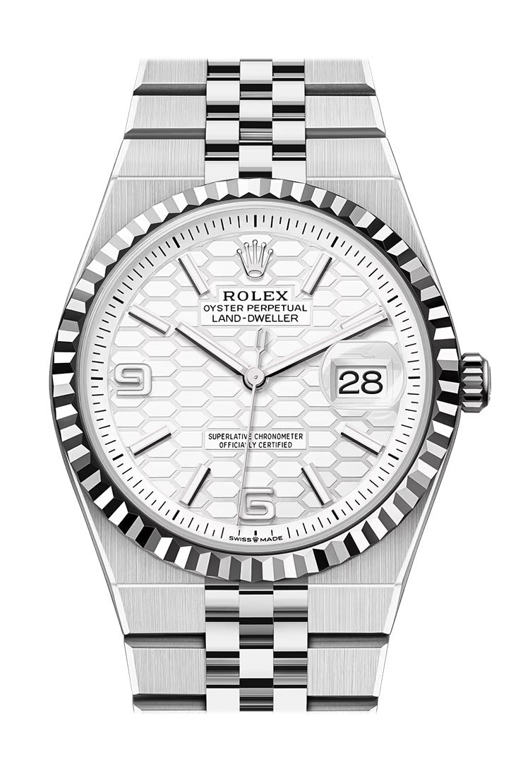 Rolex Land-Dweller features a distinctive white honeycomb motif dial and is paired with a stainless steel Jubilee bracelet