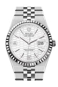 Rolex Land-Dweller features a distinctive white honeycomb motif dial and is paired with a stainless steel Jubilee bracelet