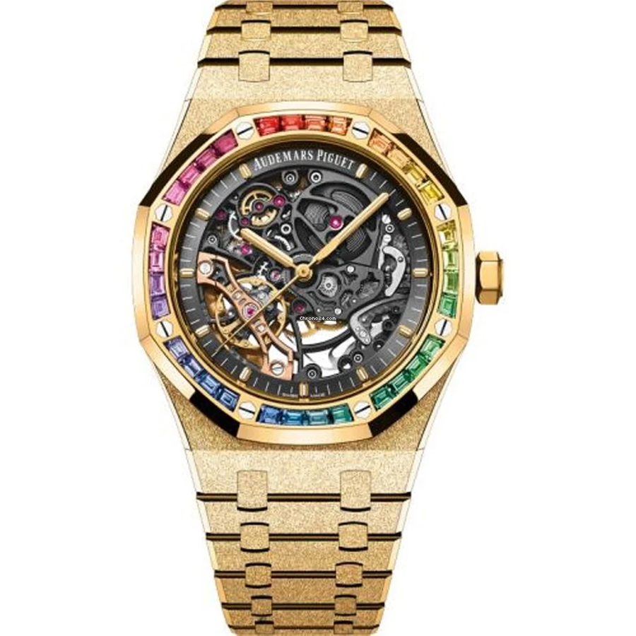 Audemars Piguet Royal Oak Double Balance Wheel Open-worked features a frosted yellow gold finish and a bezel set with rainbow-colored baguette-cut sapphires