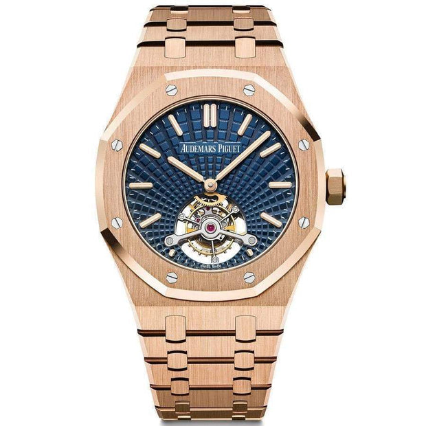 Audemars Piguet Royal Oak Tourbillon Extra-Thin featuring a rose gold case and a blue "Tapisserie" dial