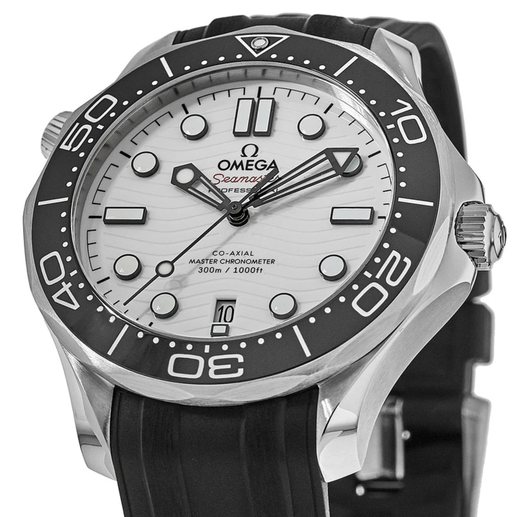 Omega Seamaster Diver 300M features a striking white ceramic dial with a distinctive wave pattern and a durable black rubber strap