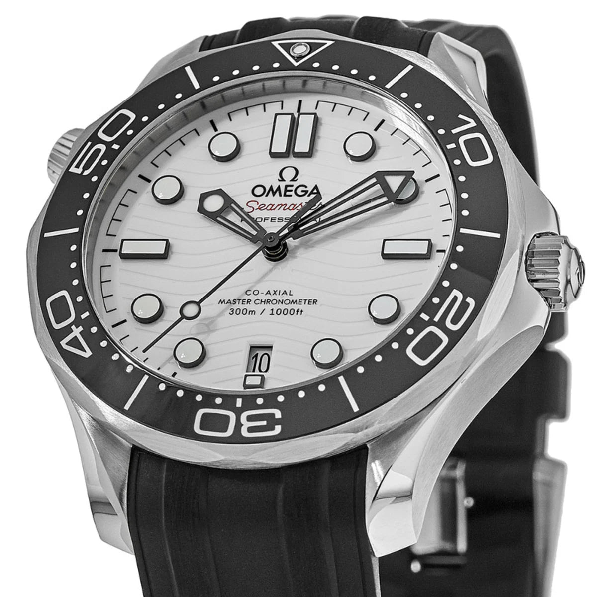 Omega Seamaster Diver 300M features a striking white ceramic dial with a distinctive wave pattern and a durable black rubber strap