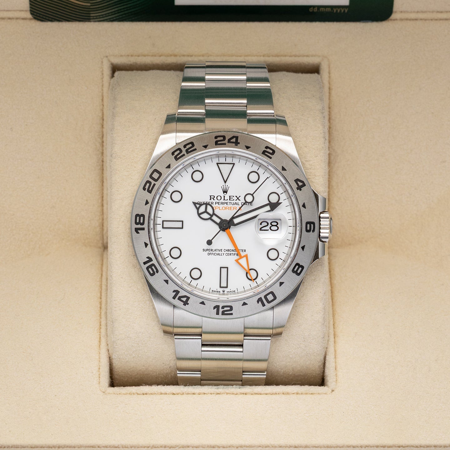 Rolex Explorer II in Oystersteel with a white dial and orange GMT hand