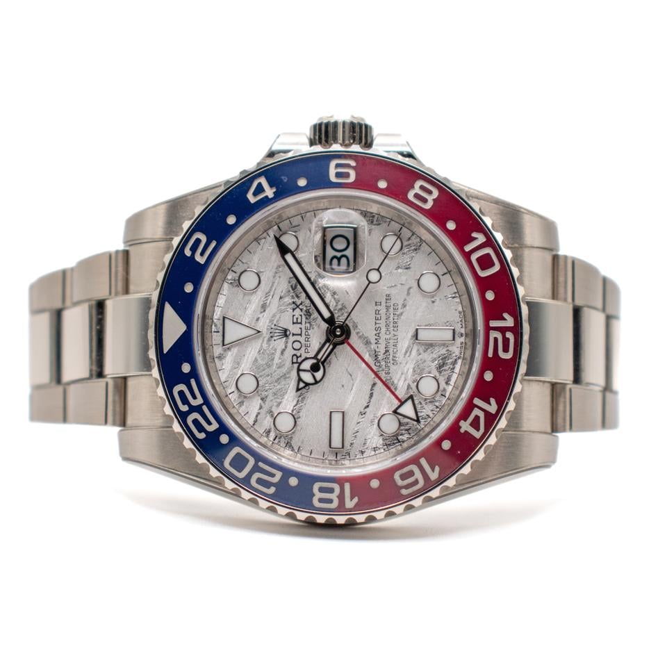 Rolex GMT-Master II 126719BLRO featuring a distinctive meteorite dial and a blue and red "Pepsi" ceramic bezel