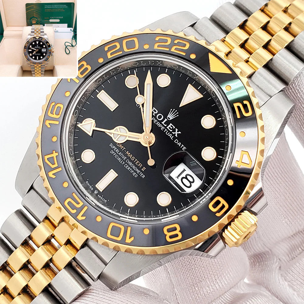 Rolex GMT-Master II in Oystersteel and yellow gold, featuring a black lacquered dial and a two-tone Jubilee bracelet