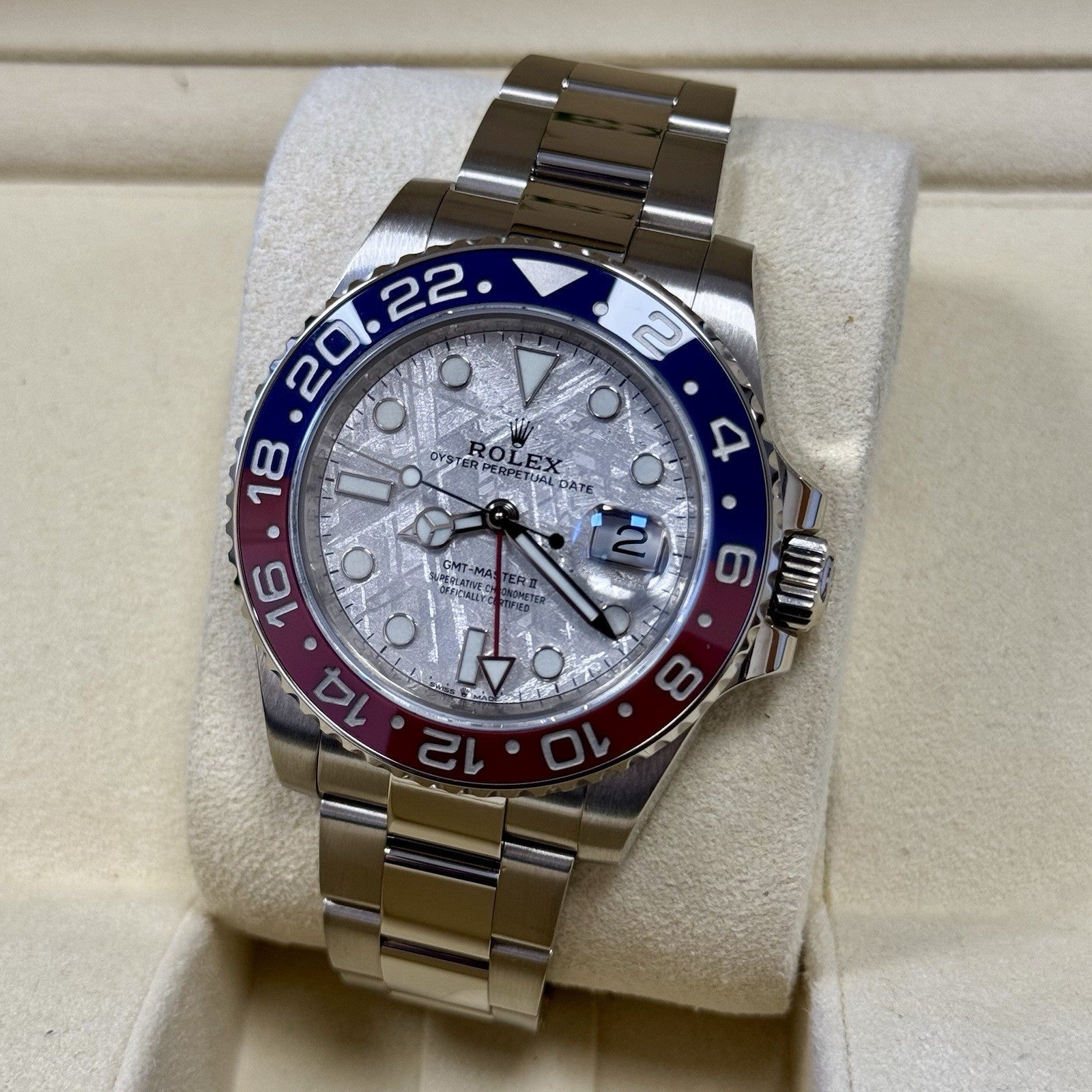 Rolex GMT-Master II 126719BLRO featuring a distinctive meteorite dial and a blue and red "Pepsi" ceramic bezel