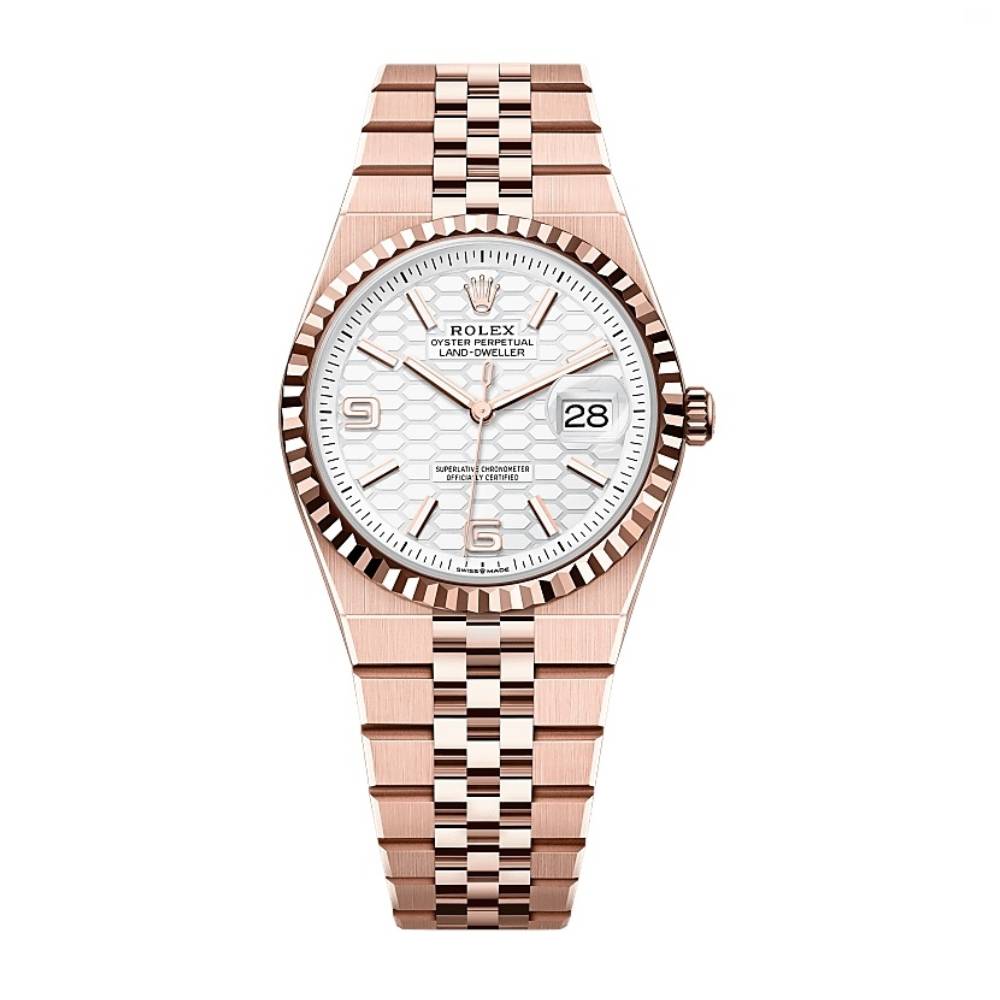 Rolex Land-Dweller watch features an Eve-rose gold case and a unique white honeycomb-motif dial.