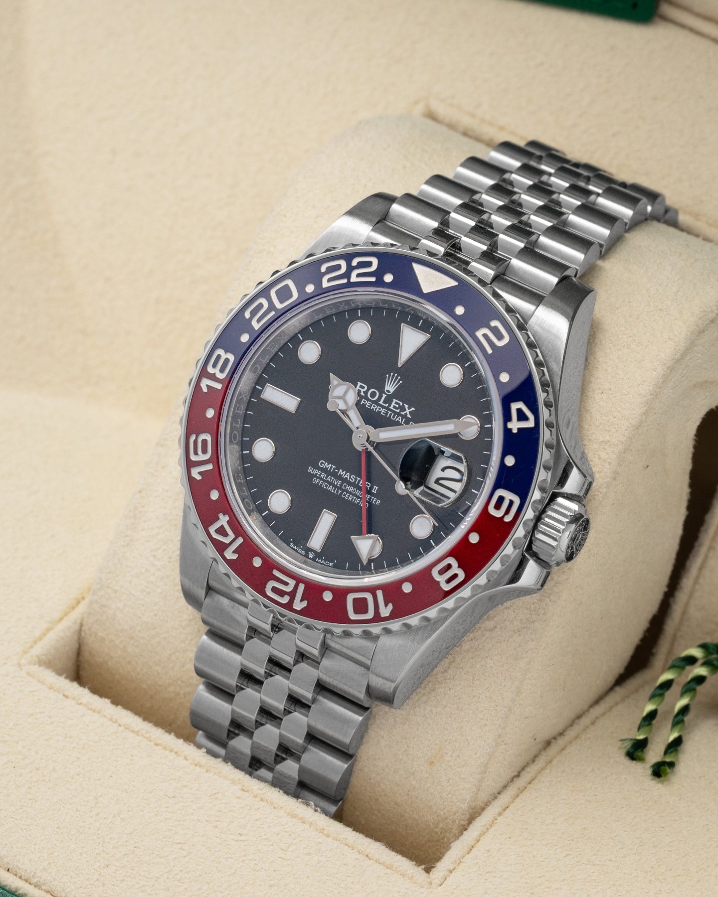 Rolex GMT-Master II, reference 126710BLRO, features the iconic red and blue "Pepsi" Cerachrom bezel and a stainless steel Jubilee bracelet
