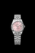 Rolex Datejust 31 features a pink dial with diamond hour markers and a fluted white gold bezel