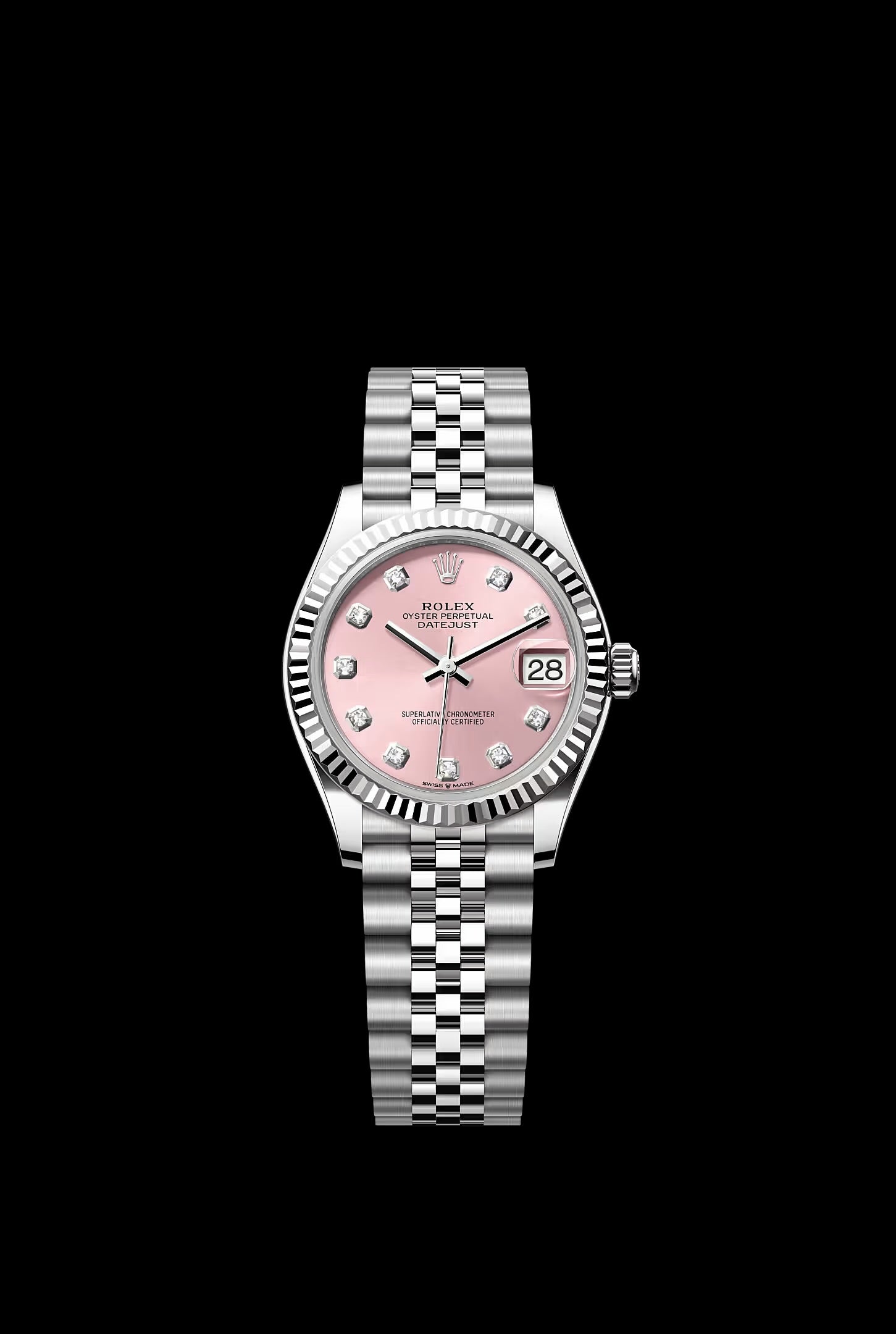 Rolex Datejust 31 features a pink dial with diamond hour markers and a fluted white gold bezel