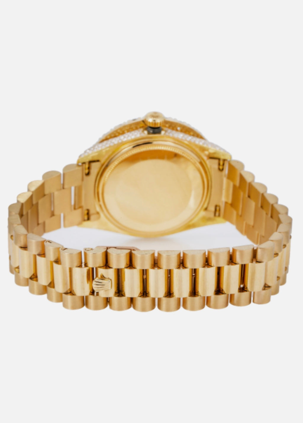 Rolex Day-Date 36mm features a white mother-of-pearl dial and a custom aftermarket diamond bezel