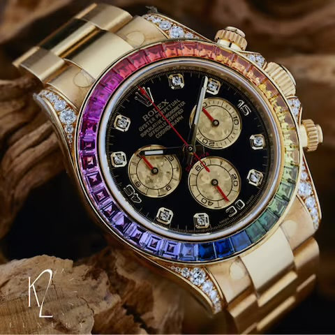 Rolex Daytona "Rainbow" 116598RBOW features a distinctive bezel set with multicolored sapphires