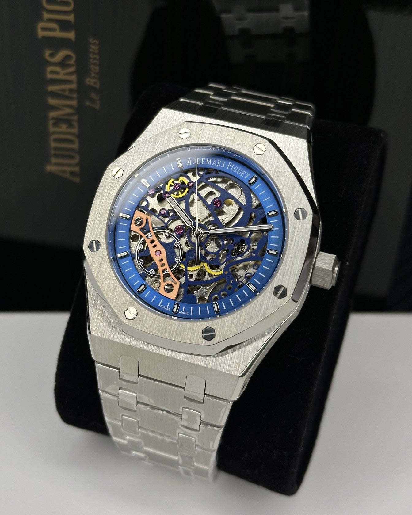 Audemars Piguet Royal Oak Openworked watch features a distinctive stainless steel octagonal bezel with visible screws and an intricate skeletonized dial.