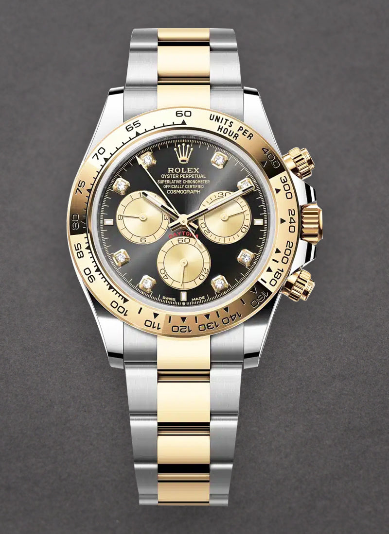 Rolex Cosmograph Daytona watch features a two-tone Oystersteel and yellow gold case with a striking black diamond dial