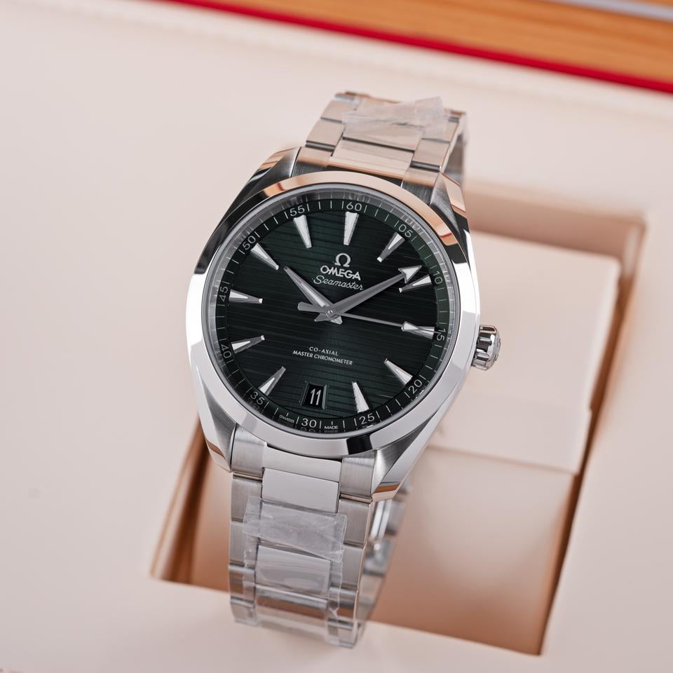 Omega Seamaster Aqua Terra 150M features a stainless steel case and a glossy black lacquered dial.