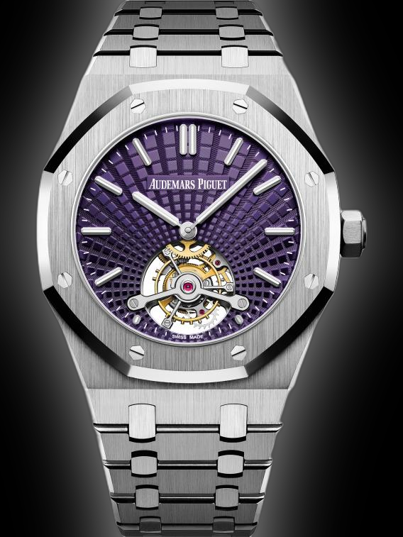 Audemars Piguet Royal Oak Tourbillon Extra-Thin features a unique purple dial with a "Tapisserie Evolutive" sunburst pattern.