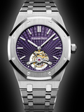 Audemars Piguet Royal Oak Tourbillon Extra-Thin features a unique purple dial with a "Tapisserie Evolutive" sunburst pattern.