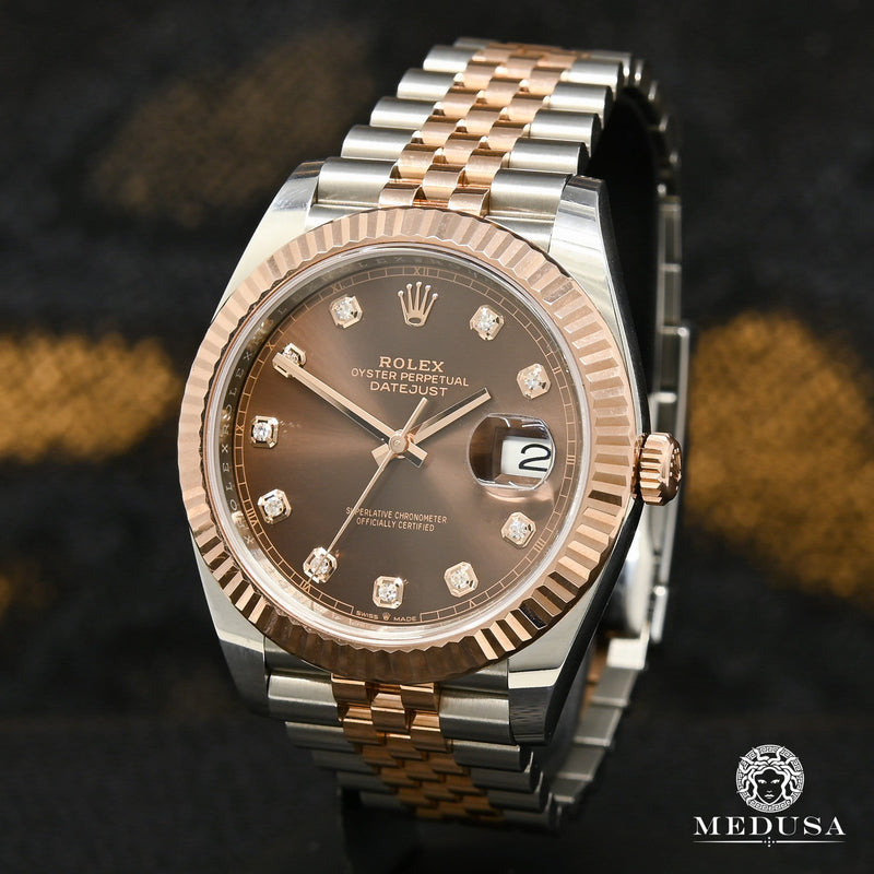 Rolex Datejust in Oystersteel and Everose gold, featuring a chocolate dial with diamond hour markers.