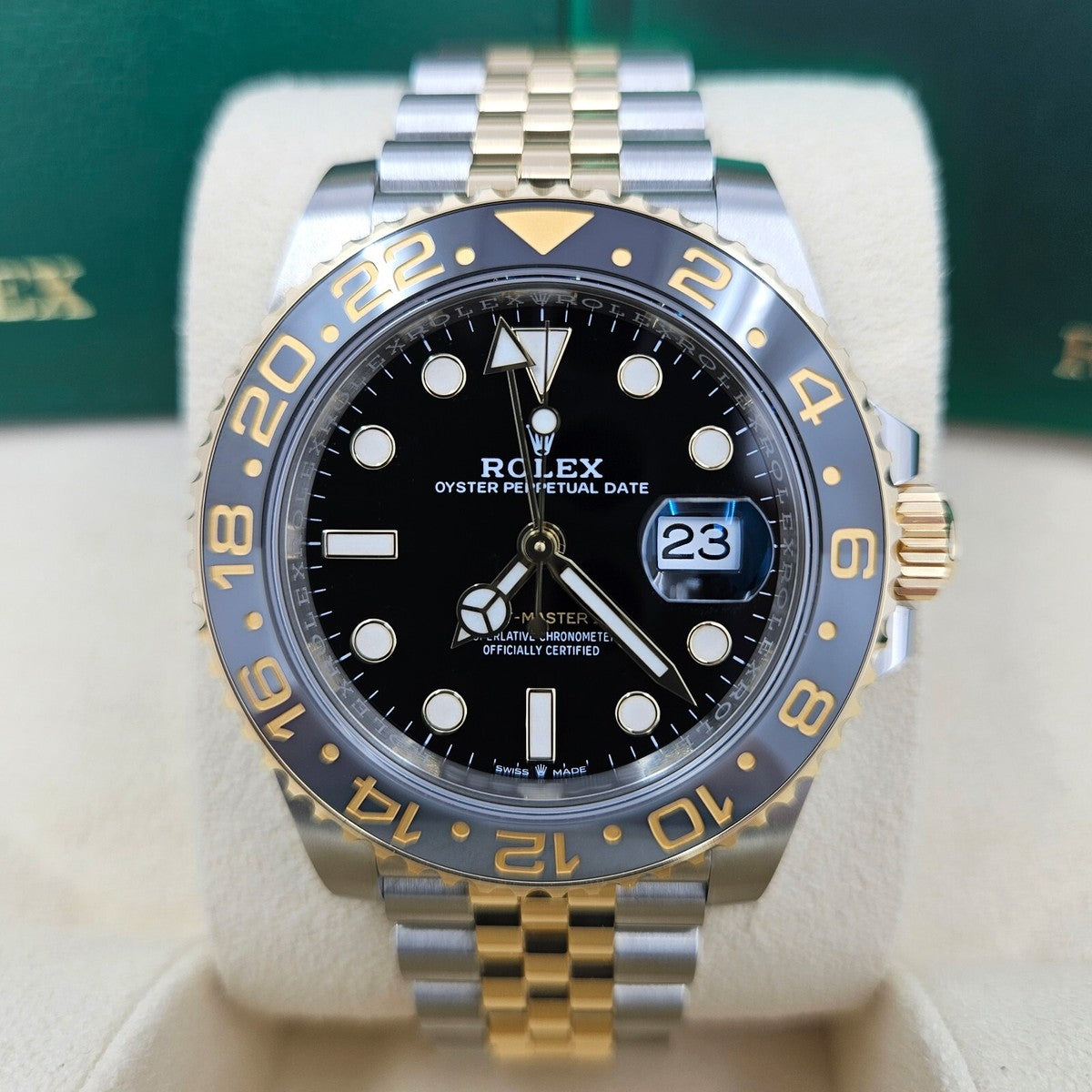 Rolex GMT-Master II in Oystersteel and yellow gold, featuring a black lacquered dial and a two-tone Jubilee bracelet