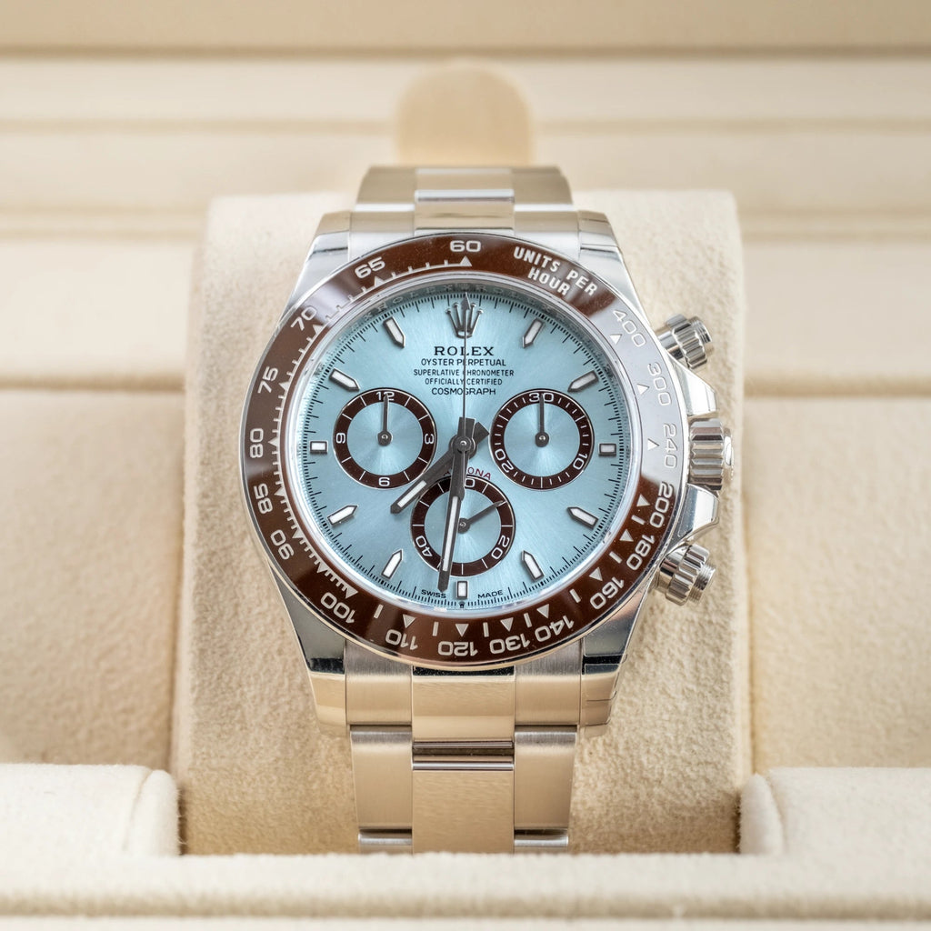 Rolex Cosmograph Daytona platinum a distinct ice blue dial with a chestnut brown bezel. unique exhibition caseback that showcases the every movement