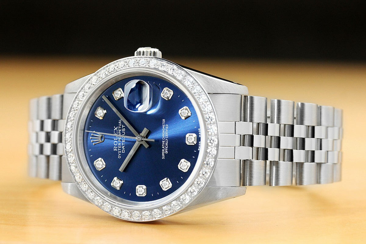 Rolex Datejust features a blue dial and a diamond bezel