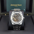 Audemars Piguet Royal Oak Openworked watch features a distinctive stainless steel octagonal bezel with visible screws and an intricate skeletonized dial.