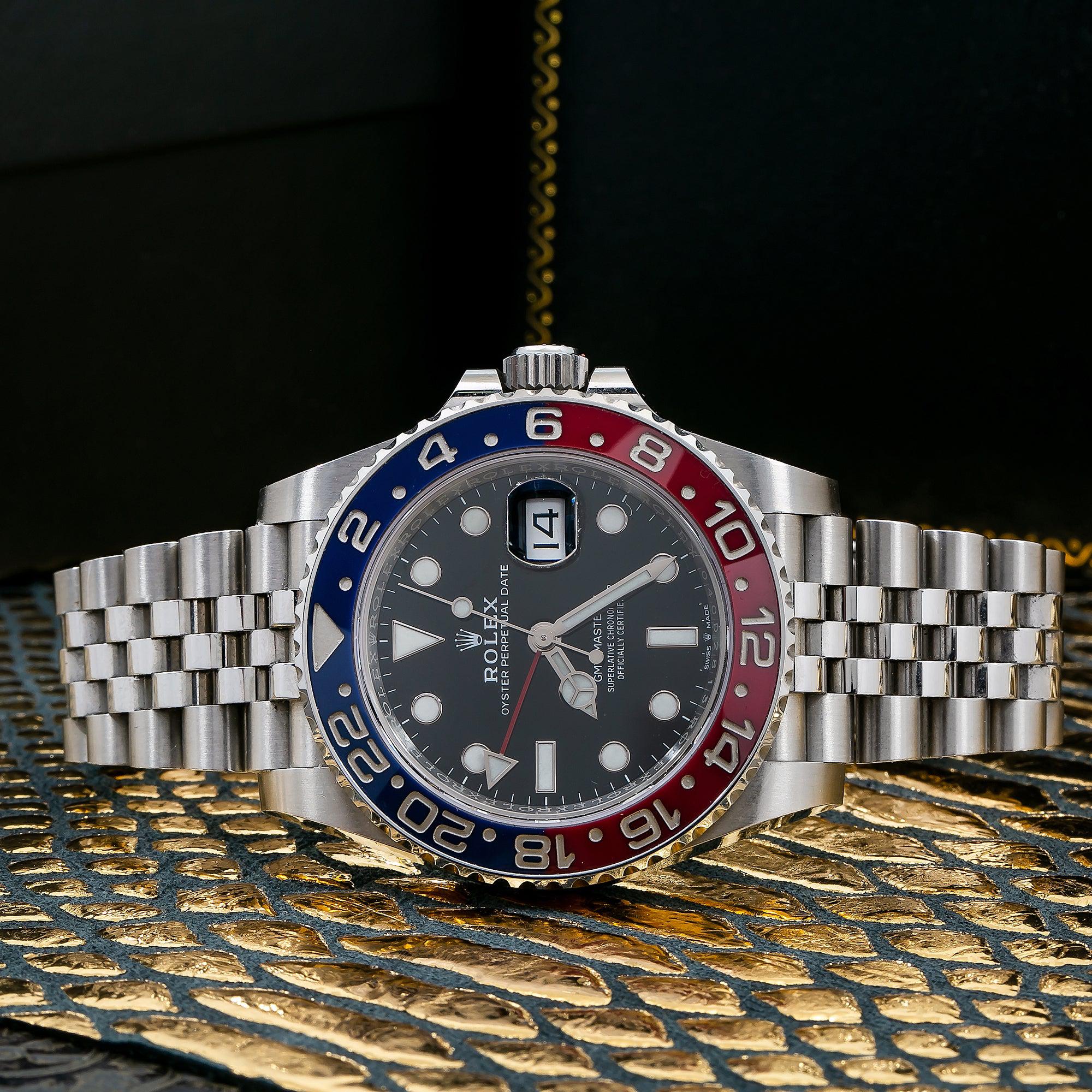 Rolex GMT-Master II, reference 126710BLRO, features the iconic red and blue "Pepsi" Cerachrom bezel and a stainless steel Jubilee bracelet