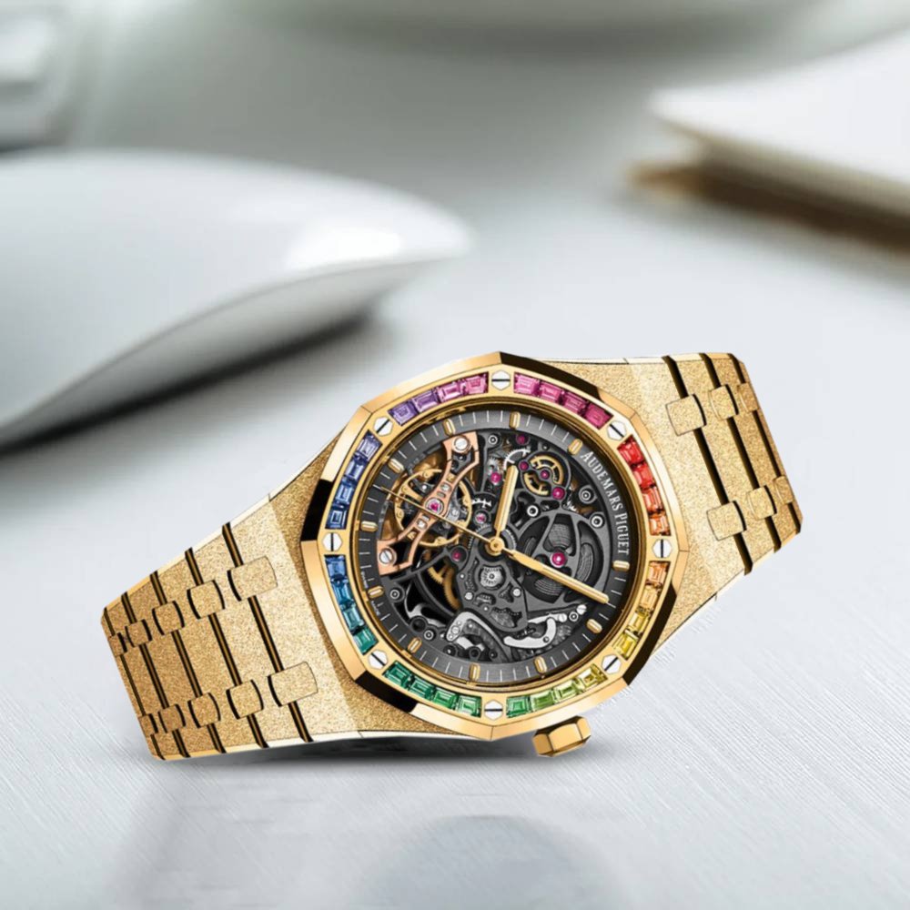 Audemars Piguet Royal Oak Double Balance Wheel Open-worked features a frosted yellow gold finish and a bezel set with rainbow-colored baguette-cut sapphires